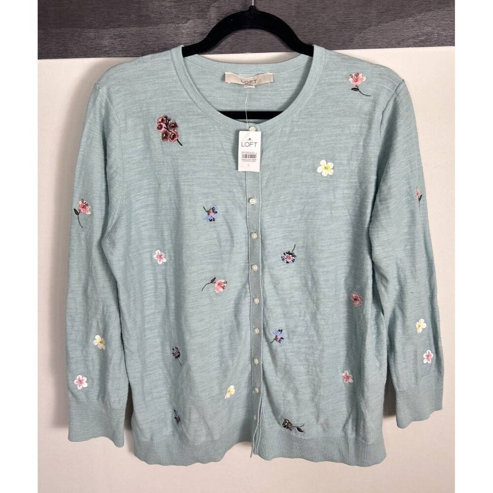 NWT Loft Women's Button Front Teal Blue Cardigan Embroidered Floral Size Large
